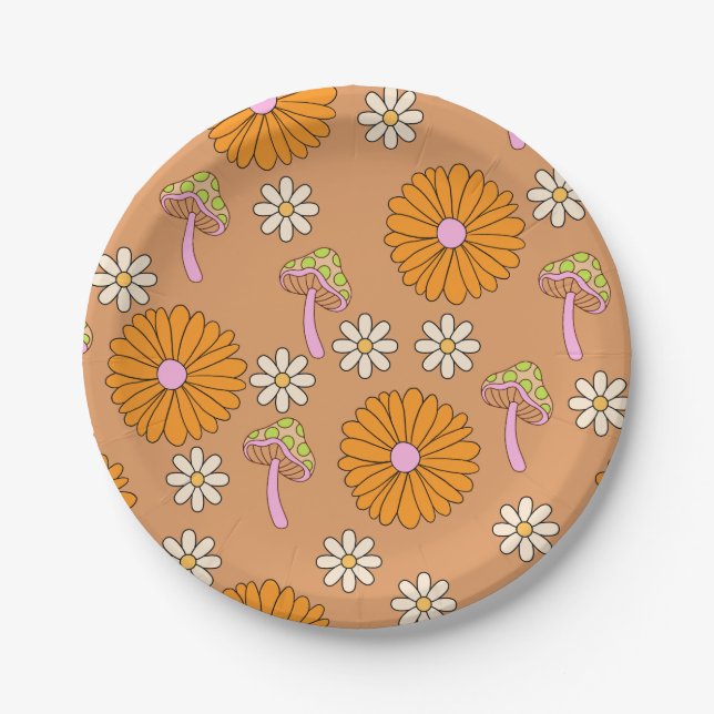 Back to the 70s Orange Daisies and Mushrooms Paper Plate (Front)