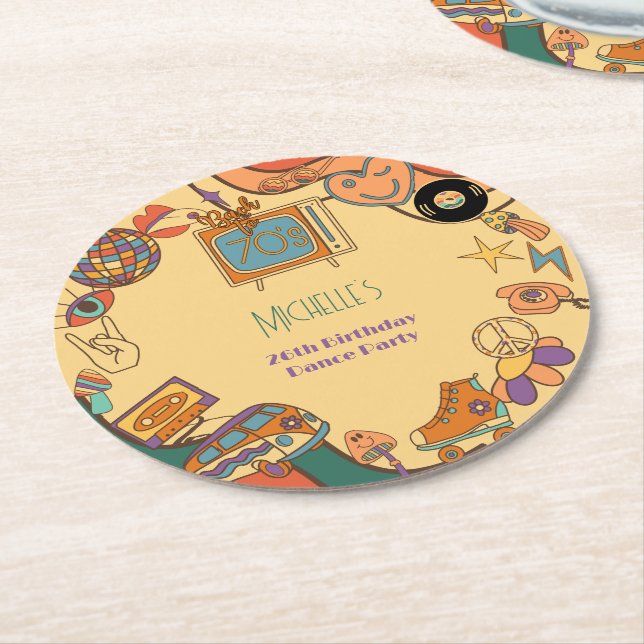Back to the 70's retro groovy adults birthday round paper coaster (Angled)
