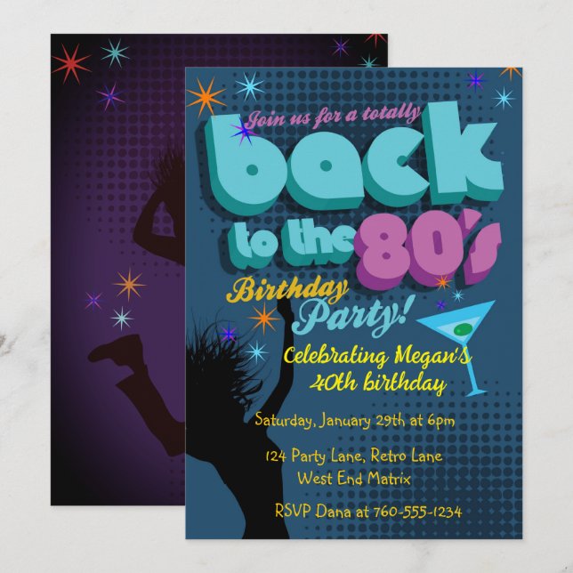 Back to the 80's Birthday Party invitation (Front/Back)