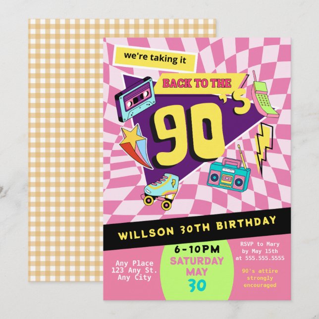 Back to the 90s Modern Retro Neon 30th Birthday Invitation (Front/Back)