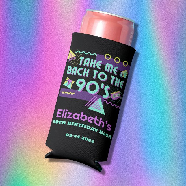 Back To The 90s Retro Birthday Seltzer Can Cooler (Make your 90s birthday bash extra special with these vibrant retro can coolers)