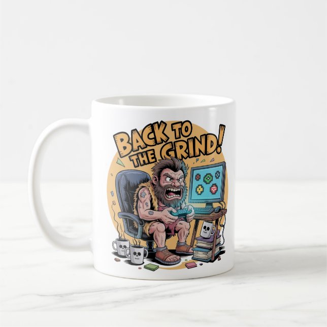 Back To The Grind Funny Office Caveman Coffee Mug (Left)