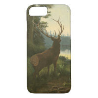 Back view of Elk Looking over a Lake