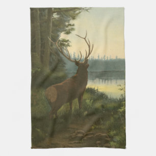 Back view of Elk Looking over a Lake Kitchen Towel