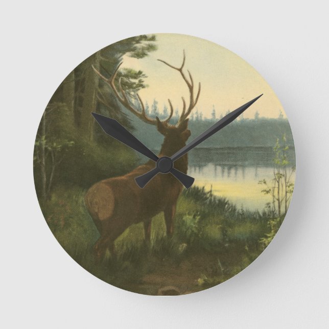 Back view of Elk Looking over a Lake Round Clock (Front)