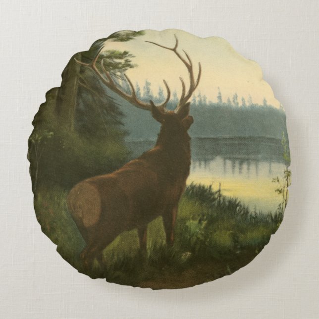 Back view of Elk Looking over a Lake Round Pillow (Front)