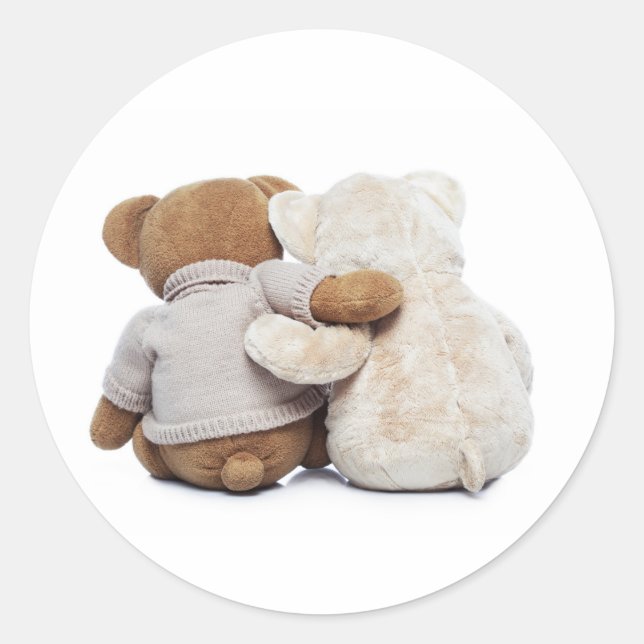 Back view of two Teddy bears hugging each other Classic Round Sticker (Front)