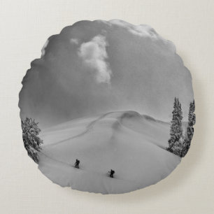 Backcountry Ski Climbers in fresh powder Round Pillow