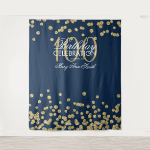 Backdrop 100th Birthday Gold Navy Blue Confetti Tapestry
