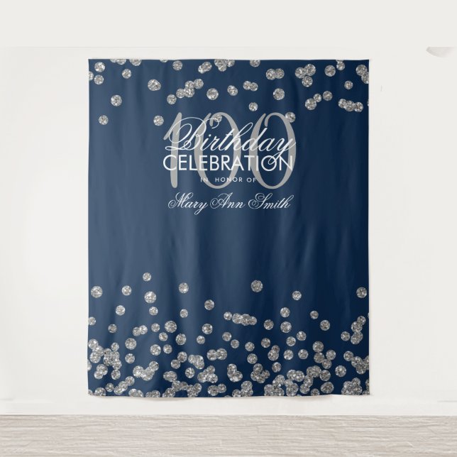 Backdrop 100th Birthday Silver Navy Blue Confetti Tapestry (Front)