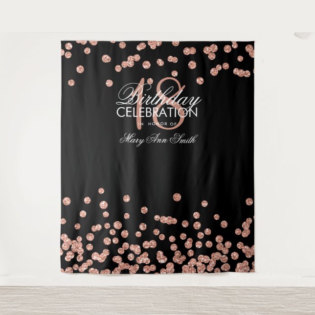 Backdrop 18th Birthday Rose Gold Black Confetti Tapestry (Front)