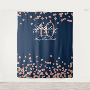 Backdrop 40th Birthday Rose Gold Navy Confetti Tapestry
