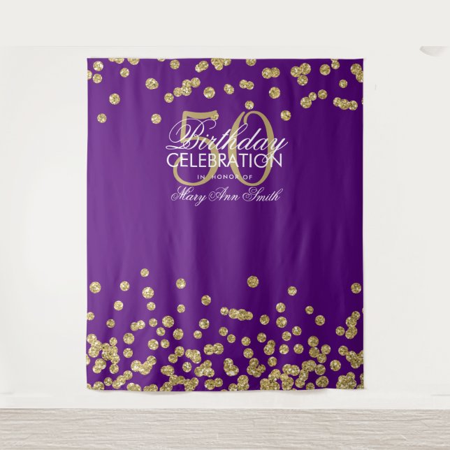 Backdrop 50th Birthday Gold Purple Confetti Tapestry (Front)