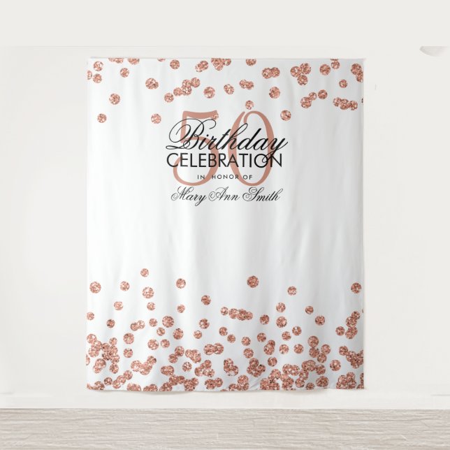 Backdrop 50th Birthday Rose Gold White Confetti Tapestry (Front)