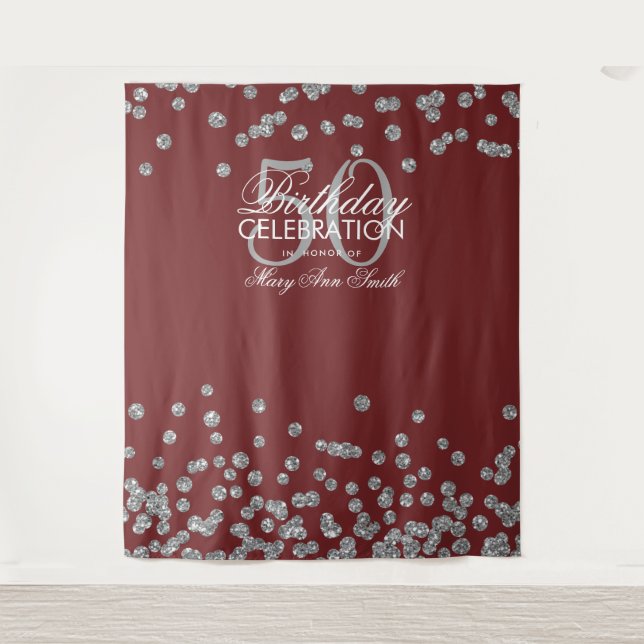Backdrop 50th Birthday Silver Burgundy Confetti Tapestry (Front)