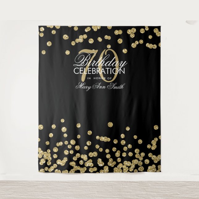 Backdrop 70th Birthday Gold Black Confetti Tapestry (Front)