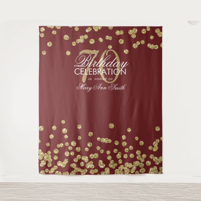 Backdrop 70th Birthday Gold Burgundy Confetti Tapestry (Front)