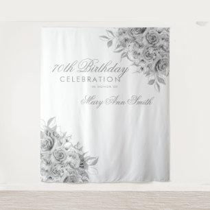Backdrop 70th Birthday Party Floral Silver & White Tapestry