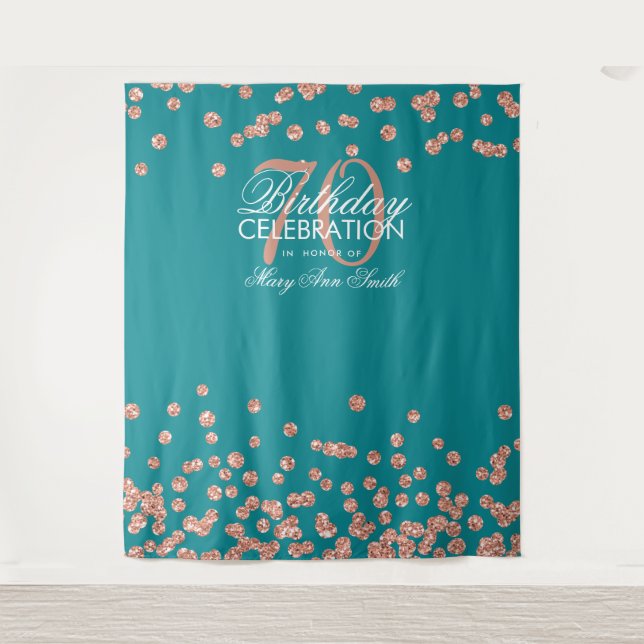 Backdrop 70th Birthday Rose Gold Teal Confetti Tapestry (Front)