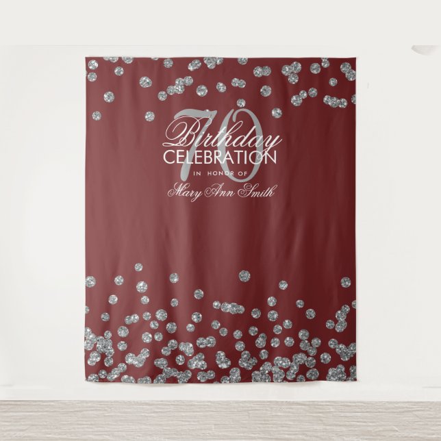 Backdrop 70th Birthday Silver Burgundy Confetti Tapestry (Front)
