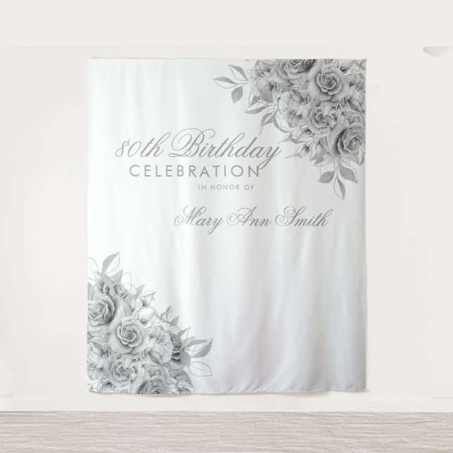 Backdrop 80th Birthday Party Floral Silver & White Tapestry (Front)