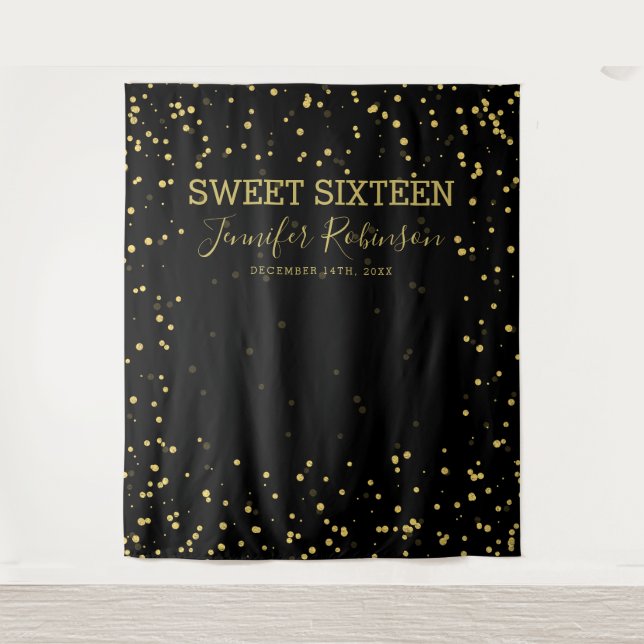 Backdrop Banner Sweet 16 Gold & Black Glitter Dots Tapestry (Front)