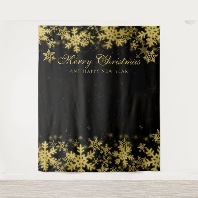 Backdrop Christmas Holiday Gold Snowflakes Black Tapestry (Front)