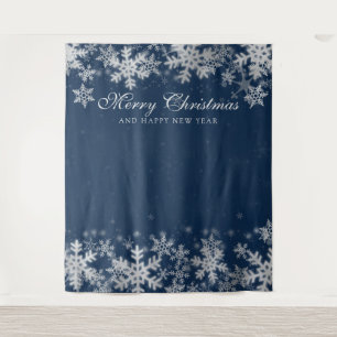 Backdrop Christmas Holiday Silver Snowflakes Navy Tapestry