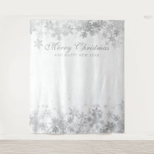 Backdrop Christmas Holiday Silver Snowflakes White Tapestry
