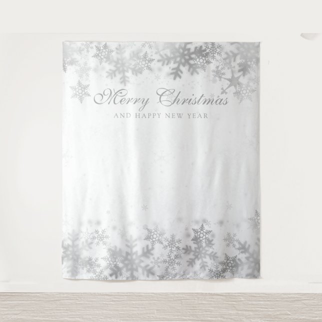 Backdrop Christmas Holiday Silver Snowflakes White Tapestry (Front)