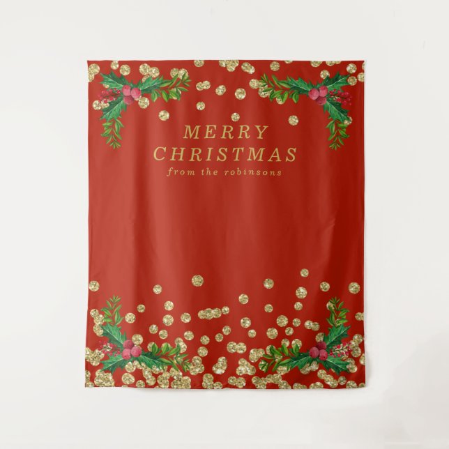 Backdrop Gold Red Merry Christmas Holly Glitter Tapestry (Front)