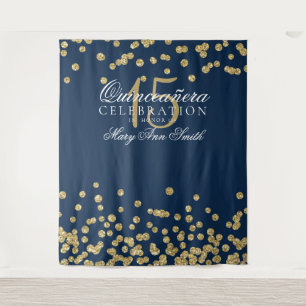 Backdrop Quinceanera Party Gold Navy Confetti Tapestry