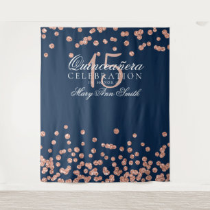 Backdrop Quinceanera Party Rose Gold Navy Confetti Tapestry