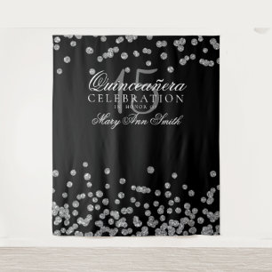 Backdrop Quinceanera Party Silver Black Confetti Tapestry