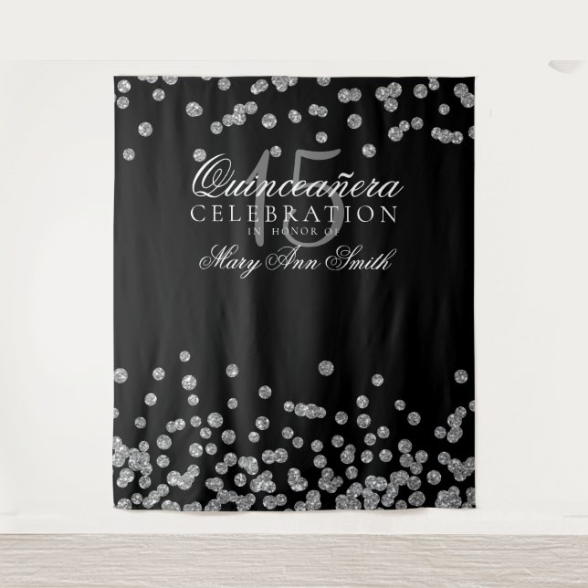 Backdrop Quinceanera Party Silver Black Confetti Tapestry (Front)