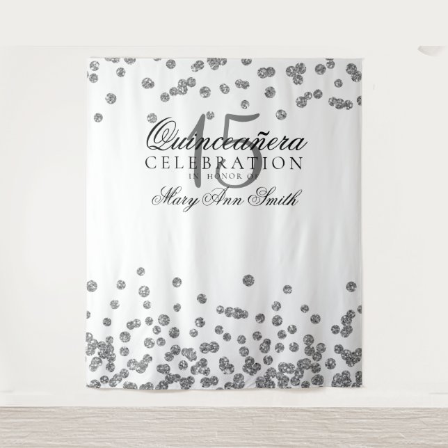 Backdrop Quinceanera Party Silver White Confetti Tapestry (Front)
