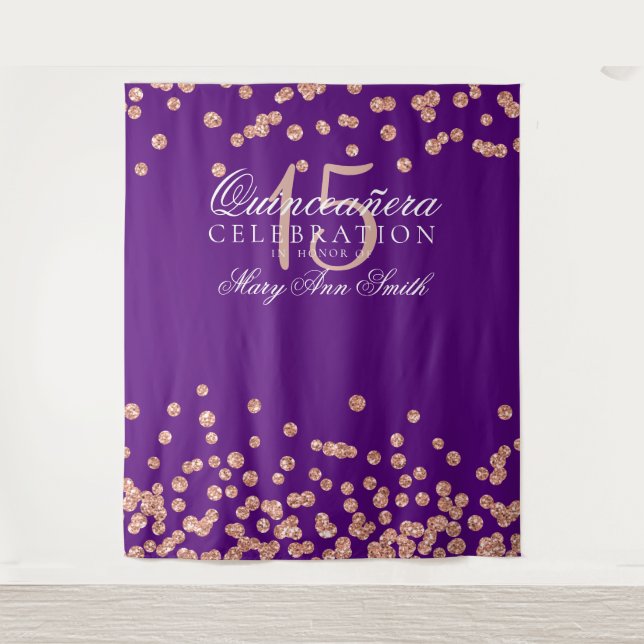 Backdrop Quinceanera Rose Gold Purple Confetti Tapestry (Front)