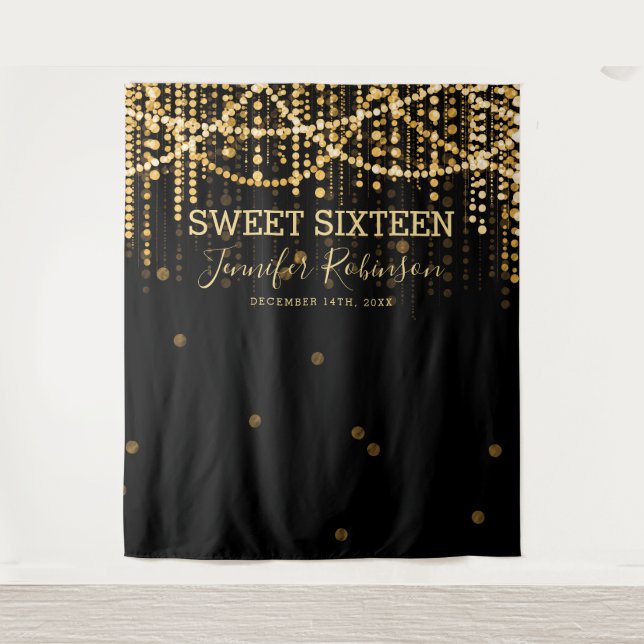 Backdrop Sweet 16 Gold String Lights Tapestry (Front)