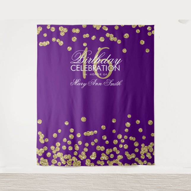 Backdrop Sweet 16 Purple Gold Glitter Confetti Tapestry (Front)