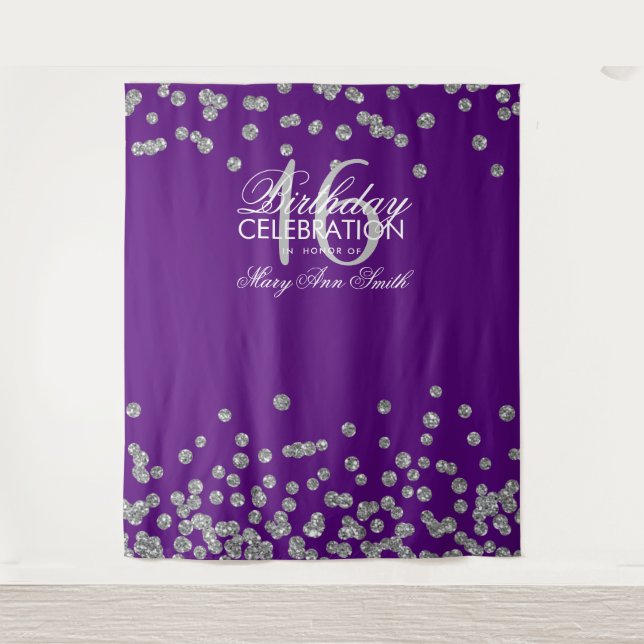 Backdrop Sweet 16 Purple Silver Glitter Confetti Tapestry (Front)