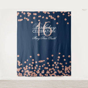 Backdrop Sweet 16 Rose Gold Navy Glitter Confetti Tapestry
