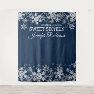 Backdrop Sweet 16 Silver Navy Winter Snowflakes Tapestry