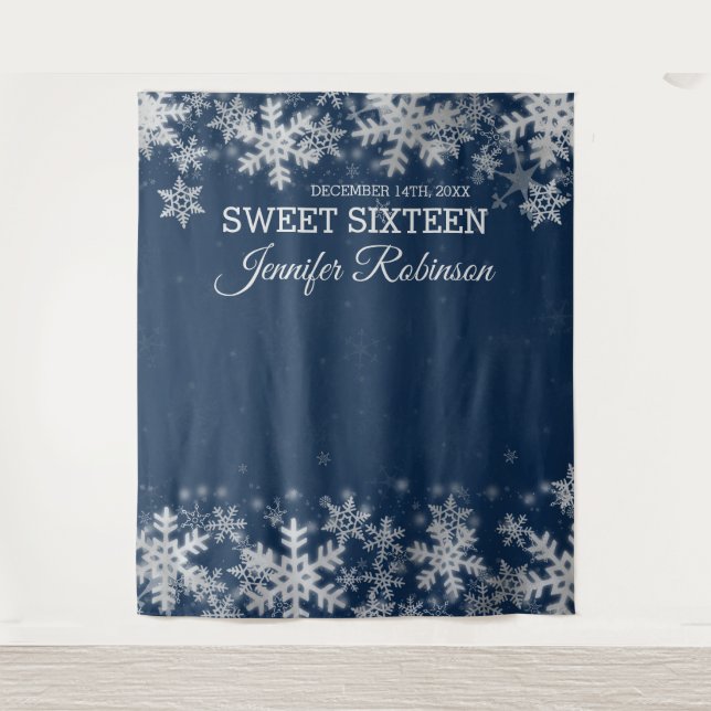 Backdrop Sweet 16 Silver Navy Winter Snowflakes Tapestry (Front)