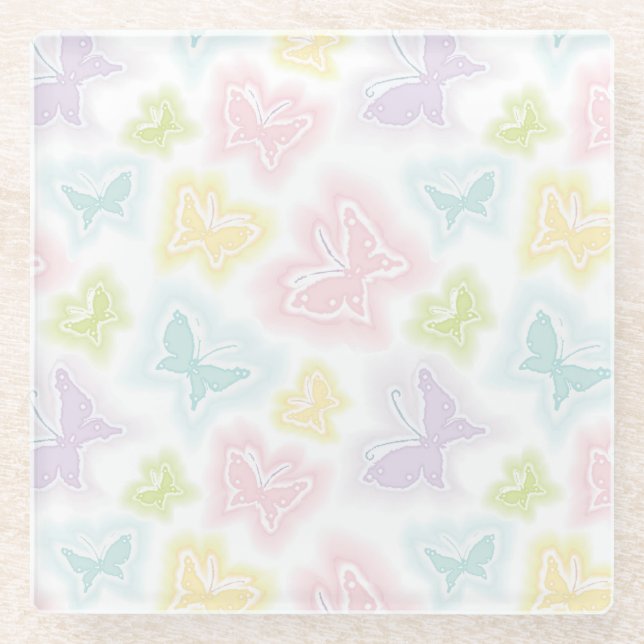 Background with butterflies in watercolor glass coaster (Front)