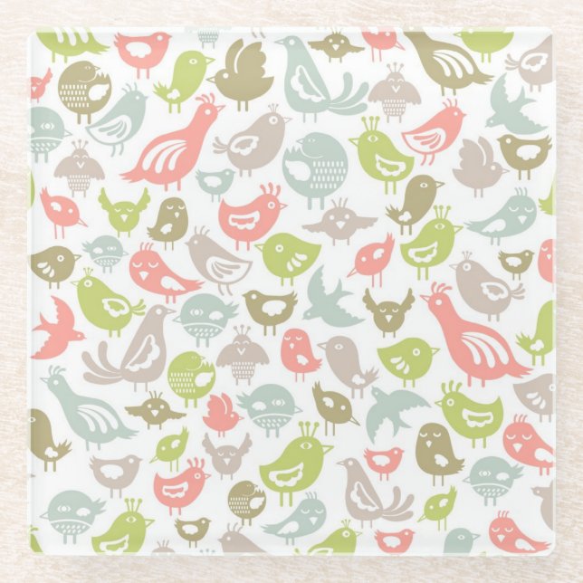 background with colourful birds ornament glass coaster (Front)