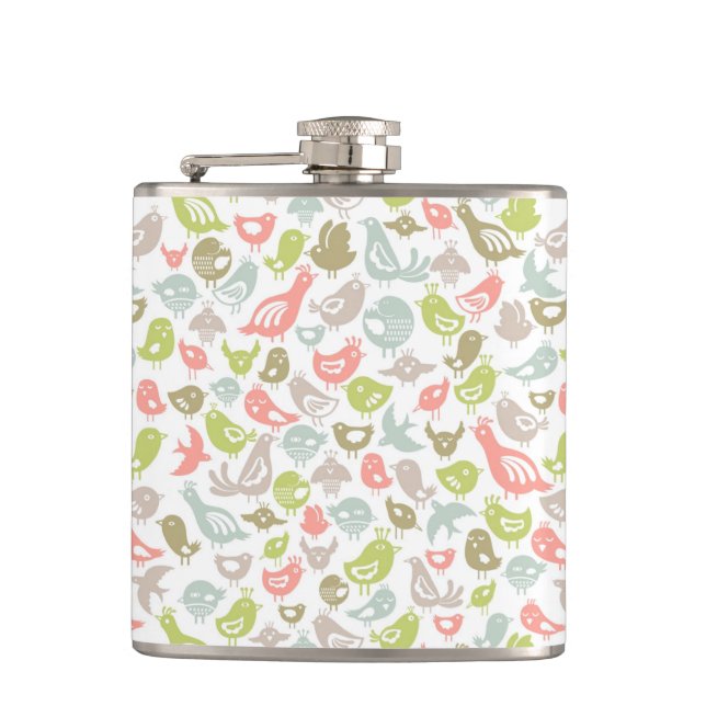 background with colourful birds ornament hip flask (Front)