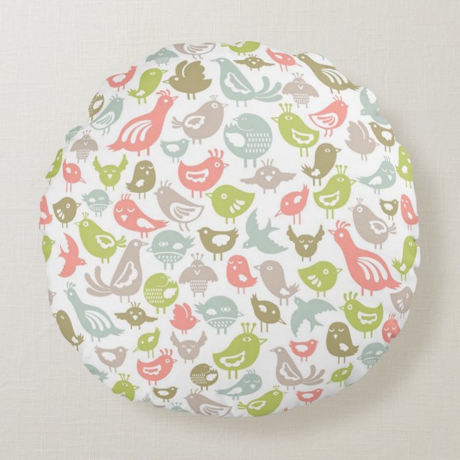 background with colourful birds ornament round pillow (Front)