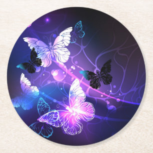 Background with Night Butterflies Round Paper Coaster