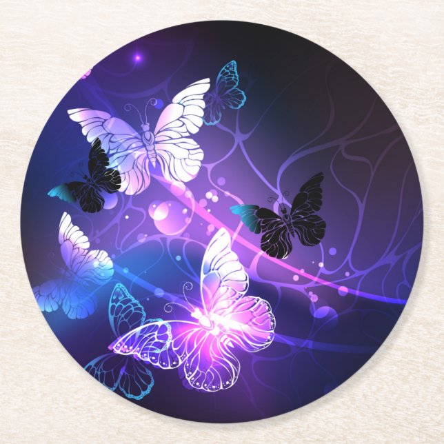 Background with Night Butterflies Round Paper Coaster (Front)