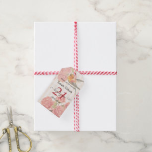 Background With Pink Stripes, Roses And Colibri Gift Tags
